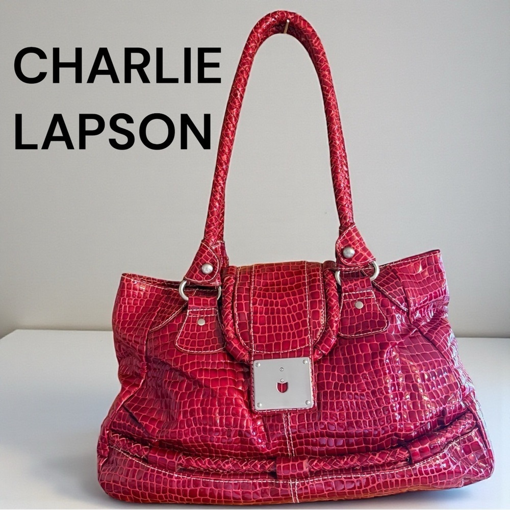 Charlie Lapson Red Croc Embossed Patent Leather Structured Tote Shoulder Bag